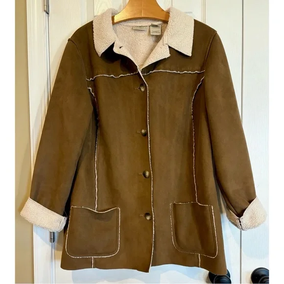 L.L. Bean Faux Suede Sherpa Lined Coat Jacket, Brown Button Up Women's Large - Picture 3 of 11
